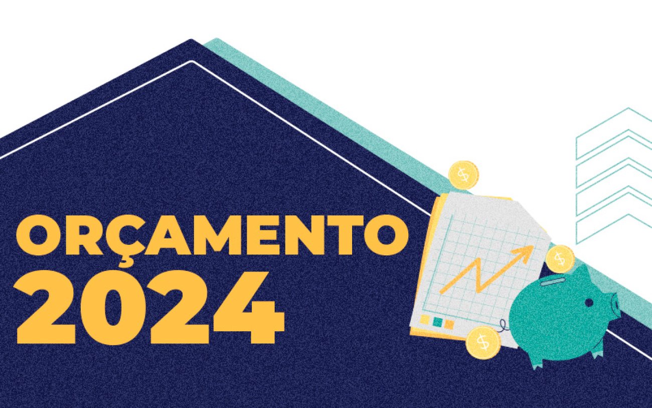 Montagem: Linton Publio Imagem de um porquinho e planilhas, em fundo azul, acompanhado dos dizeres: orçamento 2024