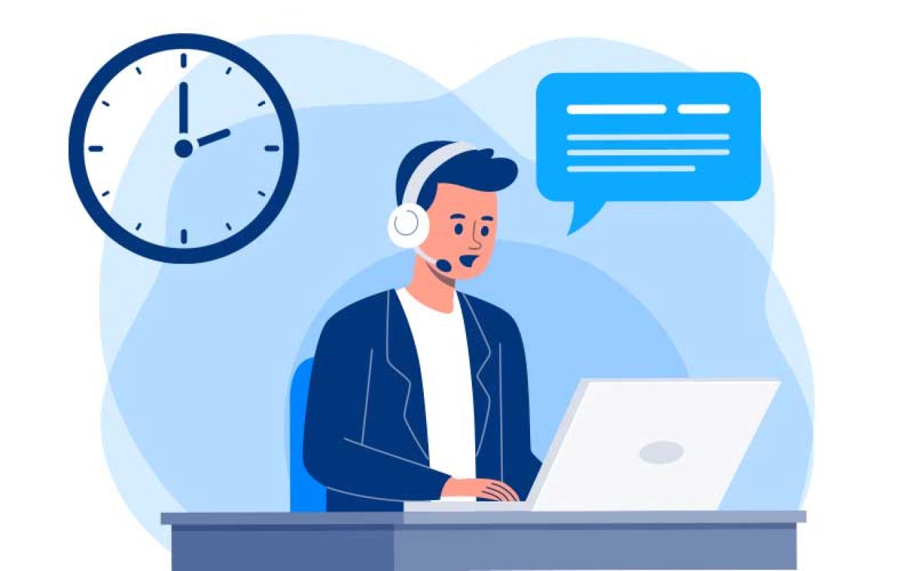 Arte em desenho mostra um homem sentado em um mesa, com um computador aberto em frente