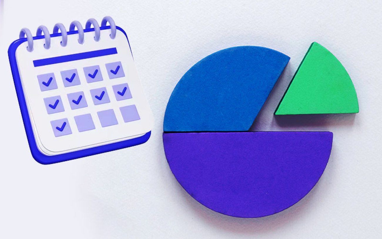 Imagem em desenho composta de um calendário e um gráfico em pizza