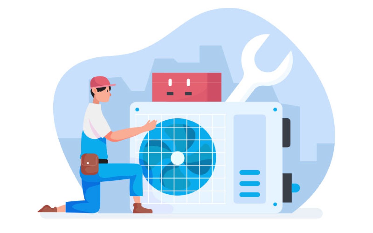 Imagem em desenho mostra um técnico consertando um aparelho de ar-condicionado