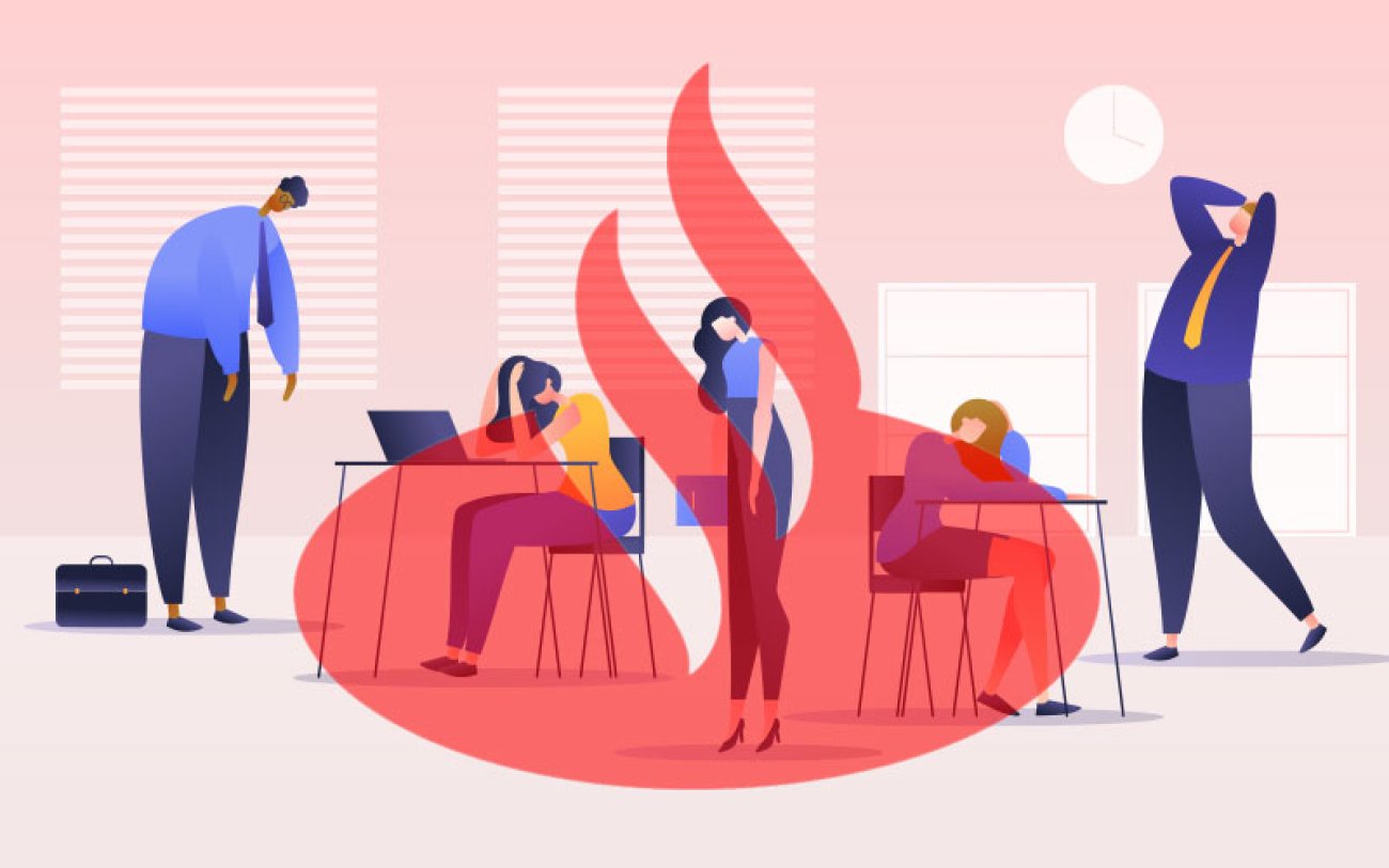 Imagem em desenho composta de trabalhadores em posição de desespero e uma marca d´água com o logo do Santander
