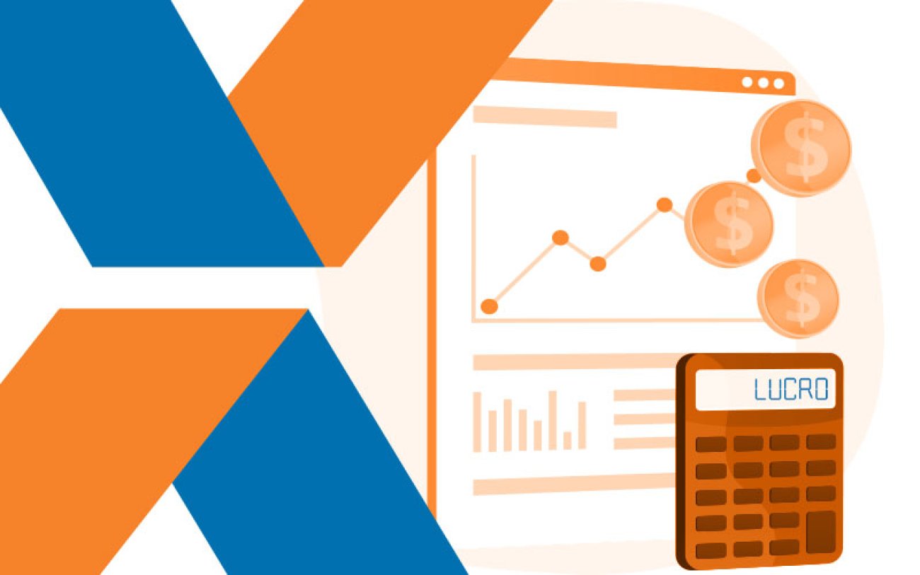 Imagem: Freepik Logotipo da Caixa, ao lado de uma planilha, moedas e uma calculadora, com a palavra lucro escrita no visor