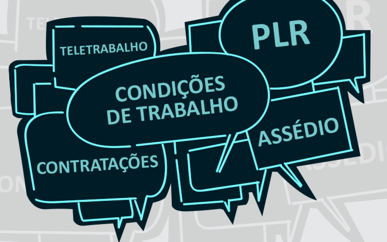 Imagem em desenho com uma série de balões de falas e, dentro deles, palavras como PLR, condições de trabalho, assédio, contratações