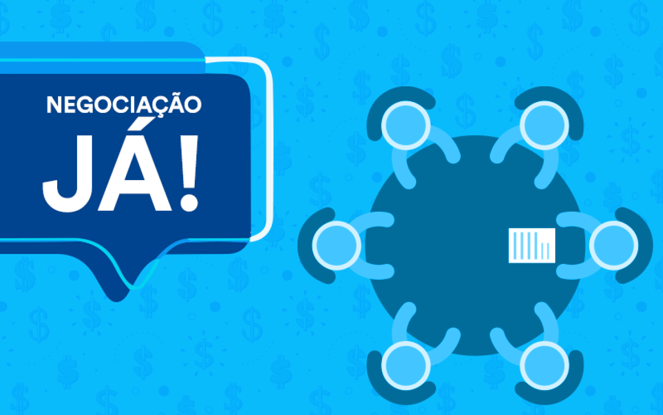 Imagem em desenho com fundo azul composta de uma mesa redonda vista de cima com seis pessoas sentadas. No canto esquerdo, o texto "negociação já"