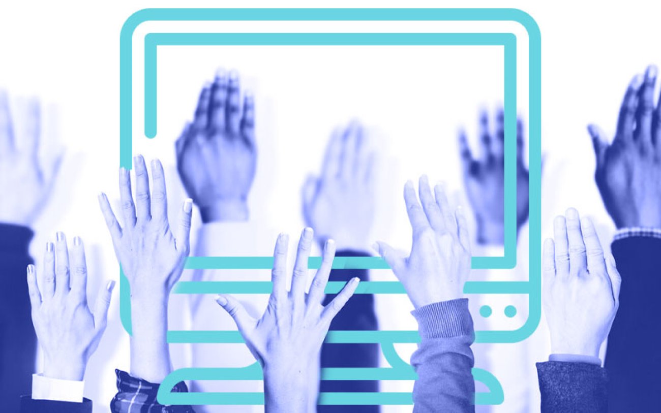 Imagem: Freepik Imagens de mãos para cima, em frente ao contorno de um computador, remetendo a uma assembleia virtual