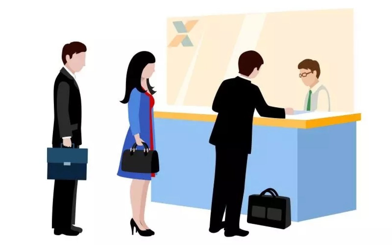 Imagem em desenho mostra uma fila de clientes diante de um cliente