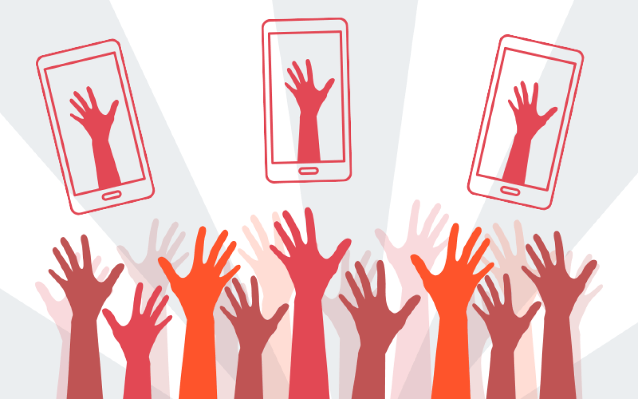 Imagem em desenho com várias mãos levantadas e telas de celular com mãos levantadas