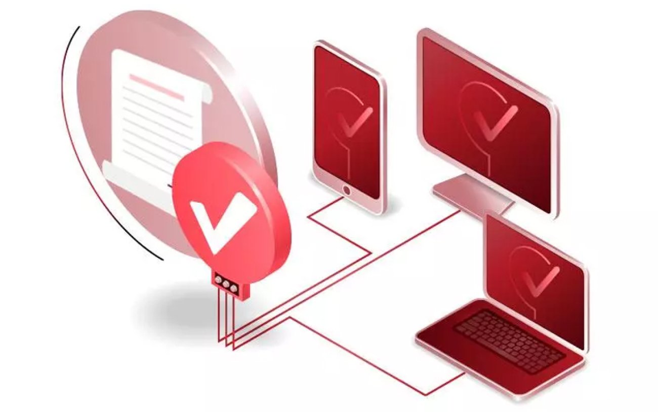 Imagem em desenho composta de um sinal de "check" ligado por linhas a um notebook, um laptop e um telefone celula. Ao lado do sinal de "check", um círculo com um documento