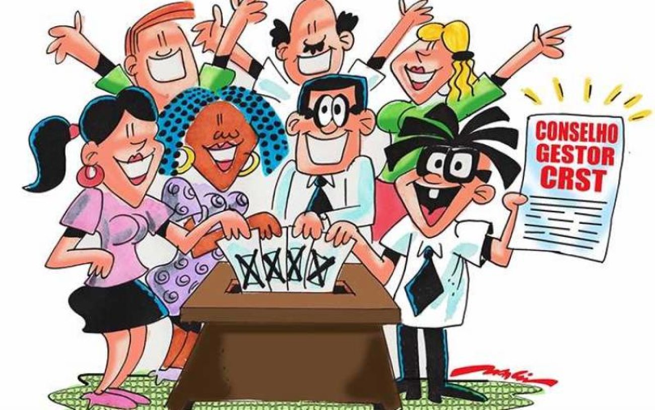Charge: Marcio Baraldi Ilustração de diversas pessoas votando nas eleições do Conselho Gestor do CRST