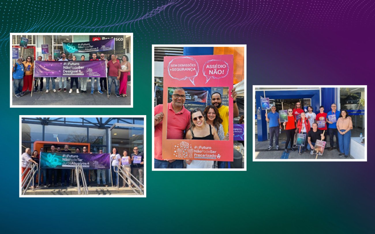 Montagem: Linton Publio Fotografias das mobilizações da Campanha dos Bancários, desta sexta, 21 de junho, em fundo azul