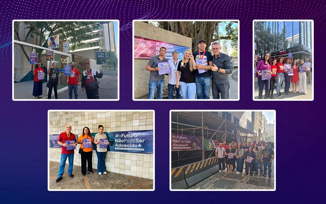 Montagem: Linton Publio Fotografias do lançamento da Campanha dos Bancários nas concentrações dos cinco maiores bancos, em fundo azul