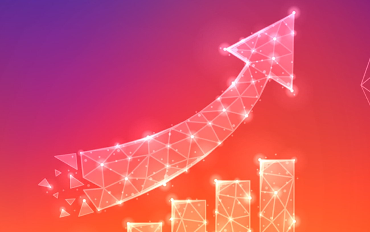 Arte: Linton Publio Imagem de uma seta ascendente, com um gráfico de barras, formada por pontos luminosos