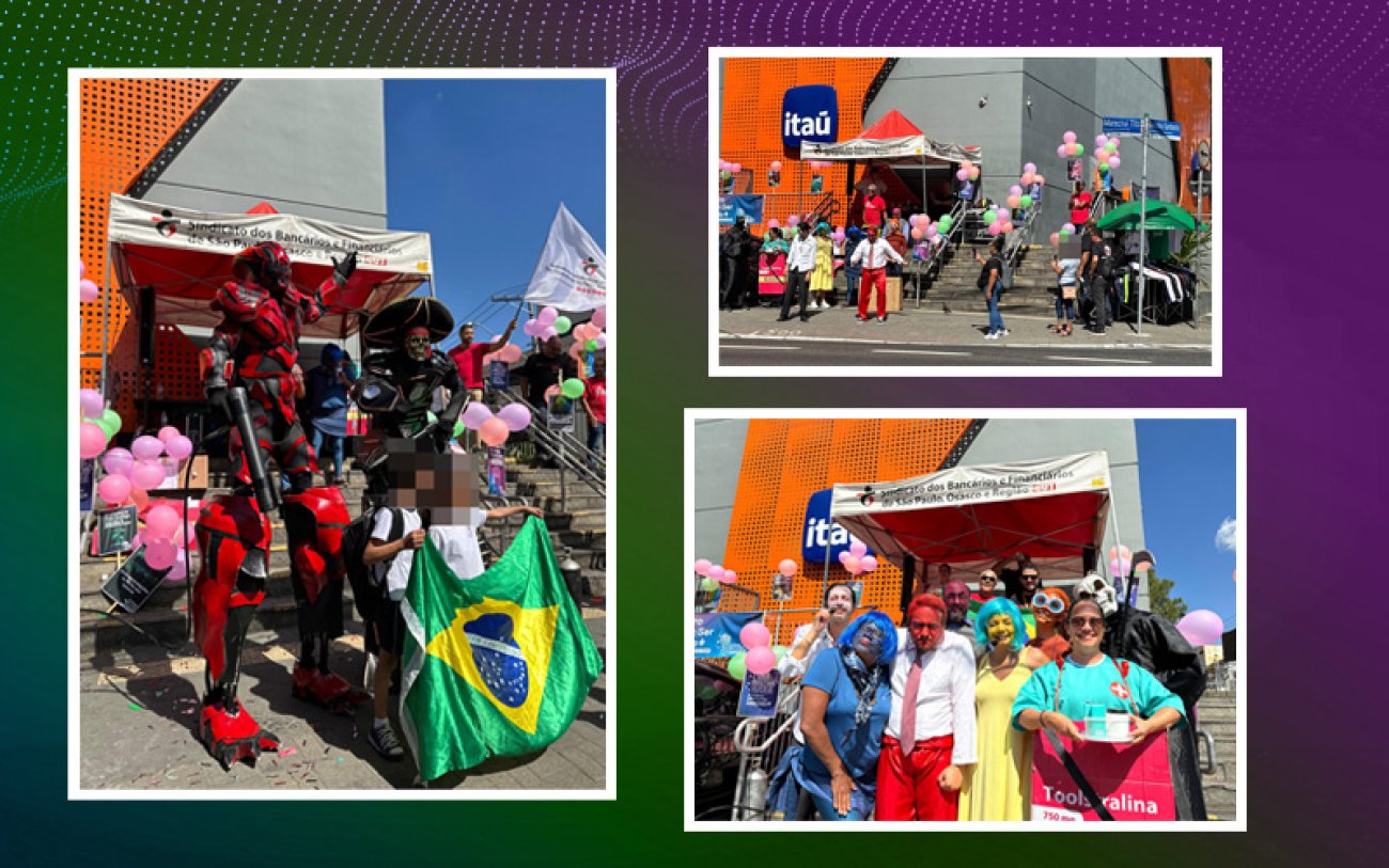 Com irreverência e humor, dirigentes abordaram os temas da Campanha Nacional dos Bancários 2024; quarta tem mesa de negociação com os bancos que debaterá reajustes para a categoria Painel com fotos da atividade da Campanha dos Bancários, em frente a uma agência do Itaú em São Miguel Paulista, na ZL