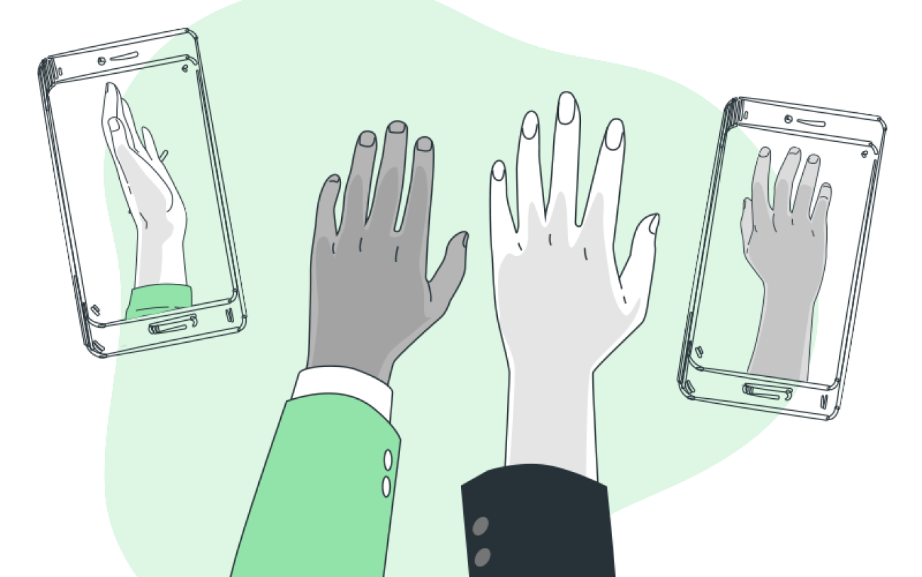 Imagem: Freepik Ilustração de mãos levantadas, com celulares, remetendo a uma assembleia híbrida