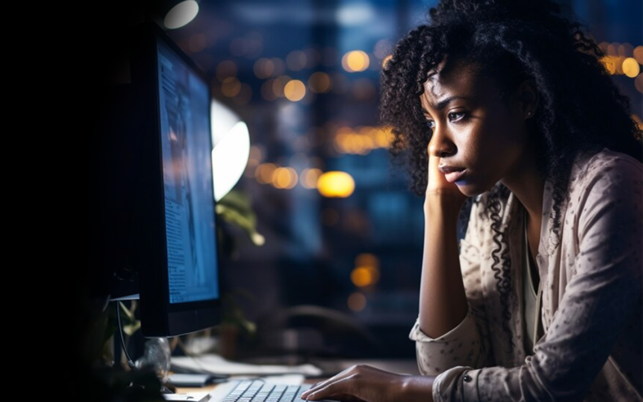 Imagem composta de uma mulher negra, com o semblante preocupado, em frente a um computador