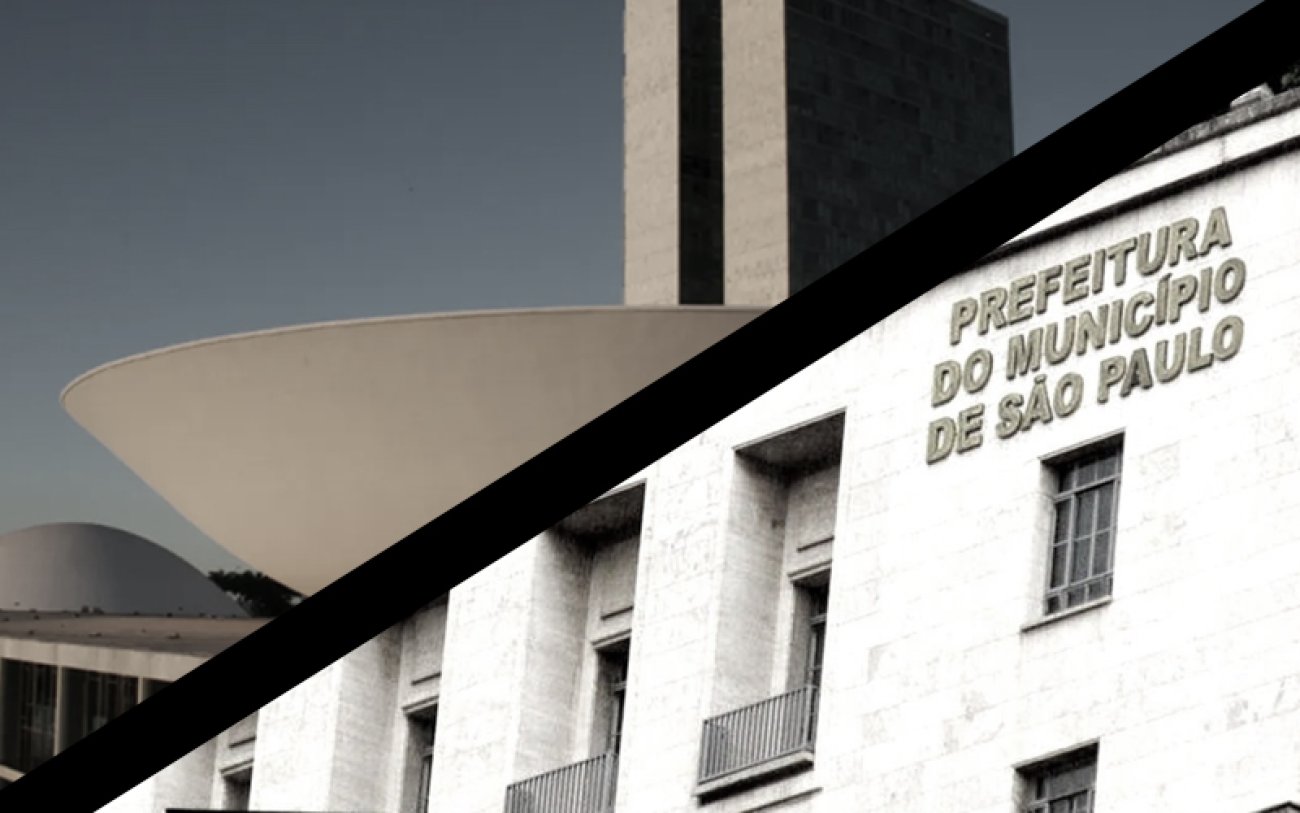 Montagem: Linton Publio Arte divida diagonalmente em dois, com uma foto do Congresso Nacional na parte de cima e uma imagem da prefeitura na parte de baixo