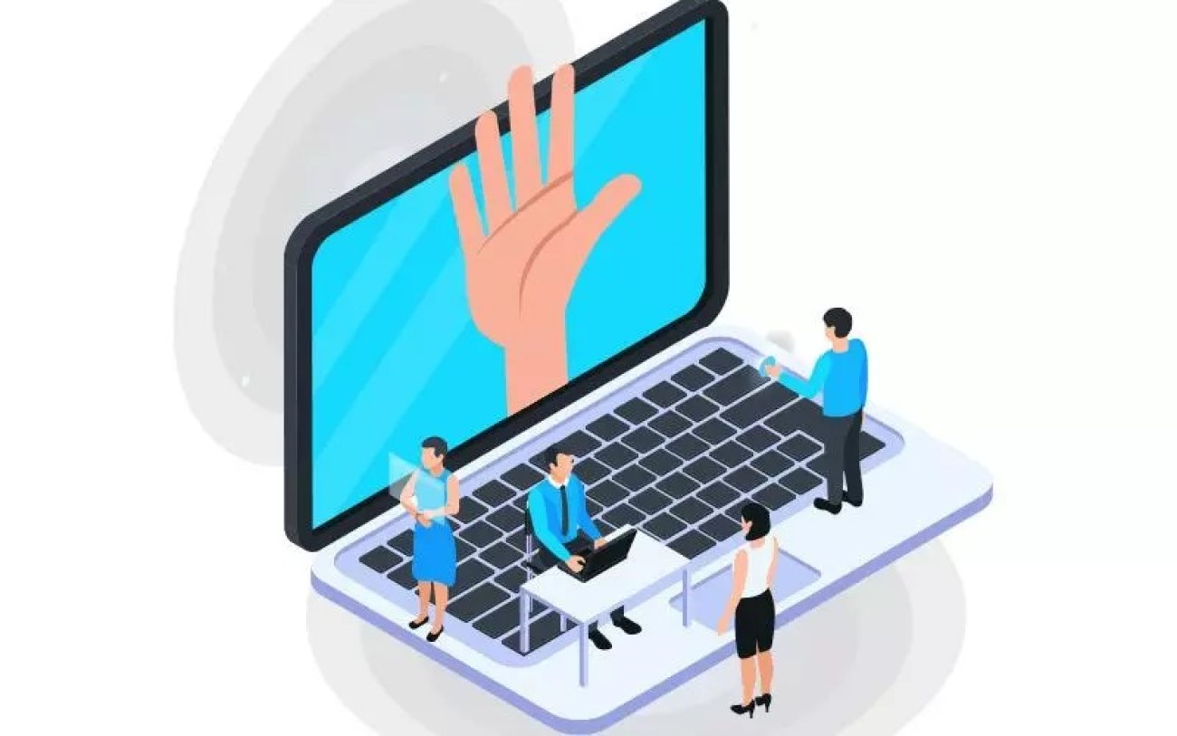 Imagem: Freepik Ilustração de um laptop, com pessoas em cima, remetendo a uma assembleia virtual