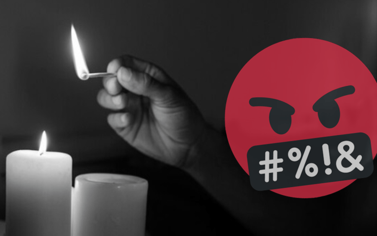 Montagem: Linton Públio Imagem composta de um emoji xingando ao lado de uma imagem que mostra uma mão acendendo duas velas