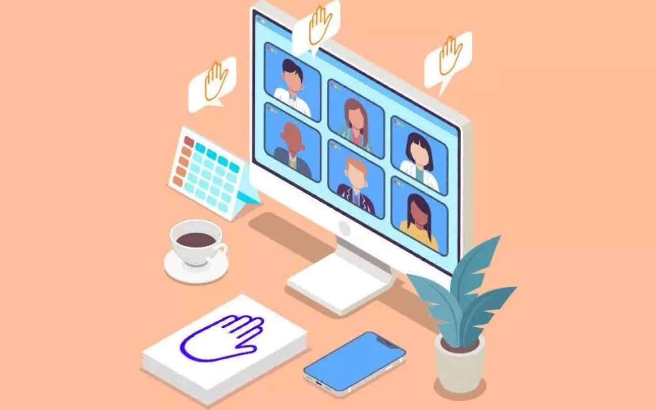 Arte: Freepik Deseenho de uma tela de computador, dividida por janelas com participantes de reunião virtual