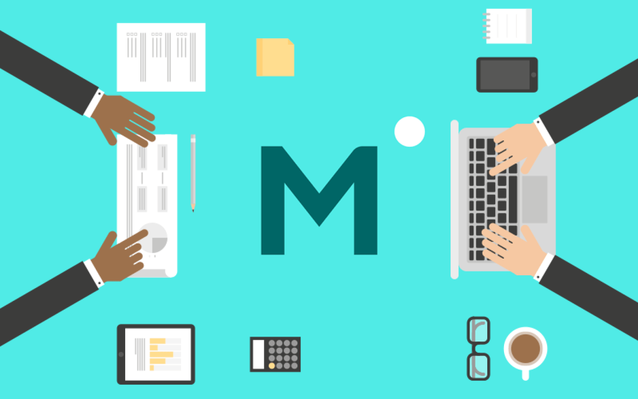 Imagem: Freepik Ilustração de dois homens utilizando laptops, vistos de cima, acompanhada pelo logotipo da Midway