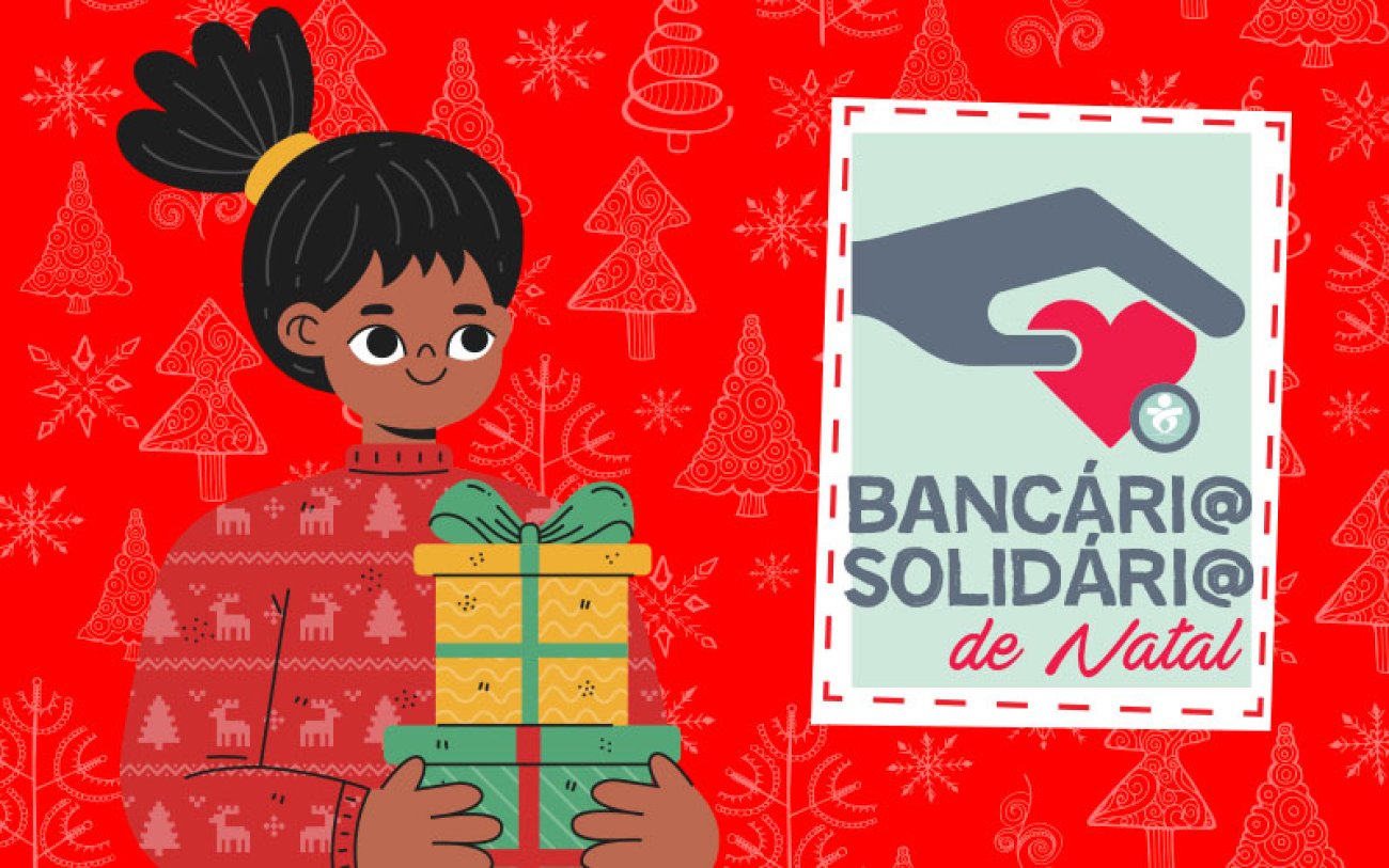 Imagem: Freepik Ilustração de uma mulher negra, segurando presentes, acompanhada do logotipo da Campanha Bancário Solidário