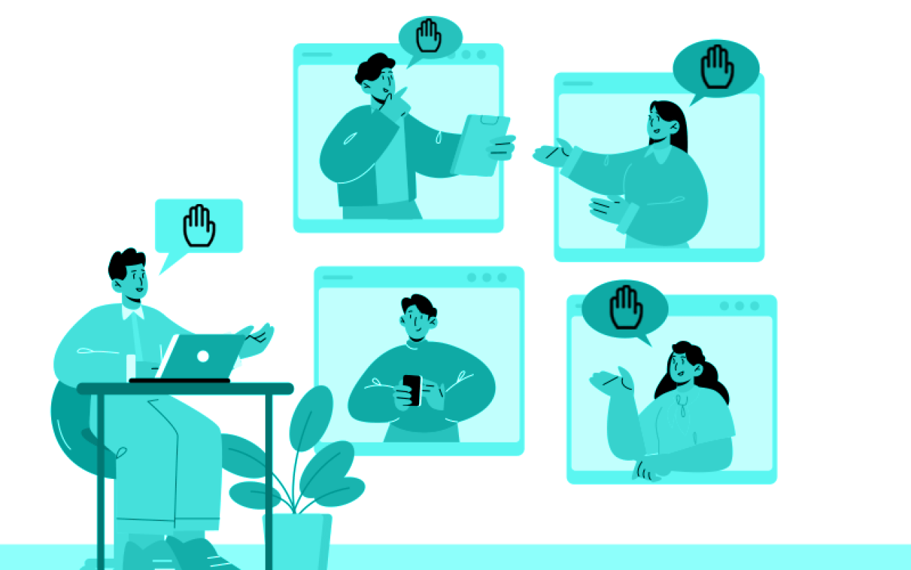 Imagem: Freepik Ilustração, em tons de azul, de pessoas participando de uma assembleia virtual