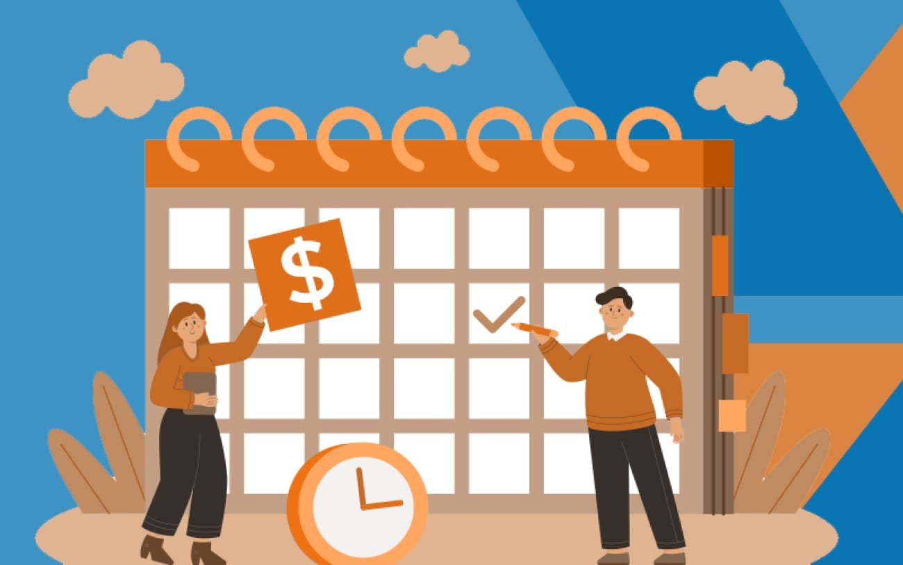 Imagem: Freepik Ilustração de um calendário, com duas pessoas ao lado, uma inserindo um cifrão e outra marcando uma data (Imagem: Freepik)