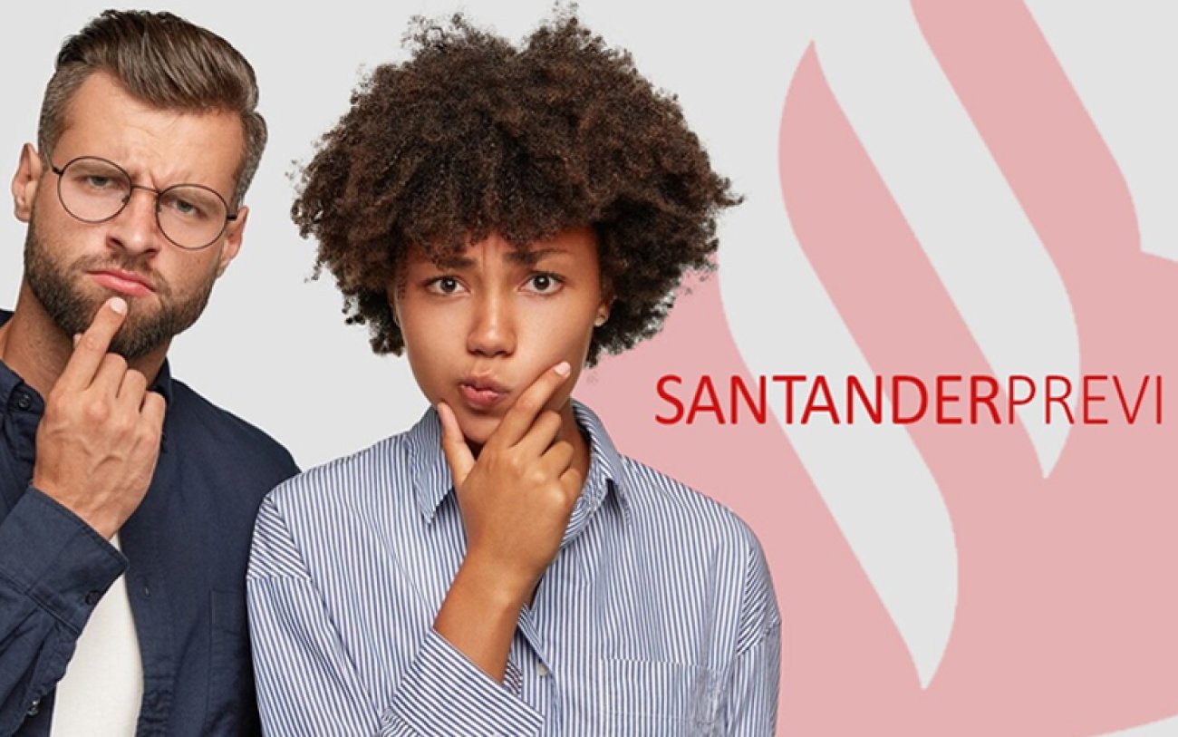 Reprodução/Contraf-CUT Imagem de uma mulher e um homem com cara de dúvidas, com a palavra SantanderPrevi ao lado e o logo do Santander estilizado ao fundo