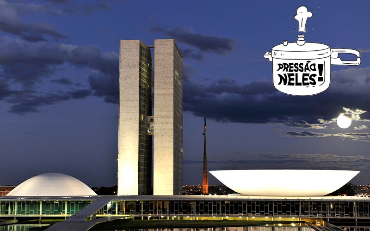 Montagem: Fabiana Lumi (Seeb-SP) Foto do prédio do Congresso e um desenho de uma panela de pressão