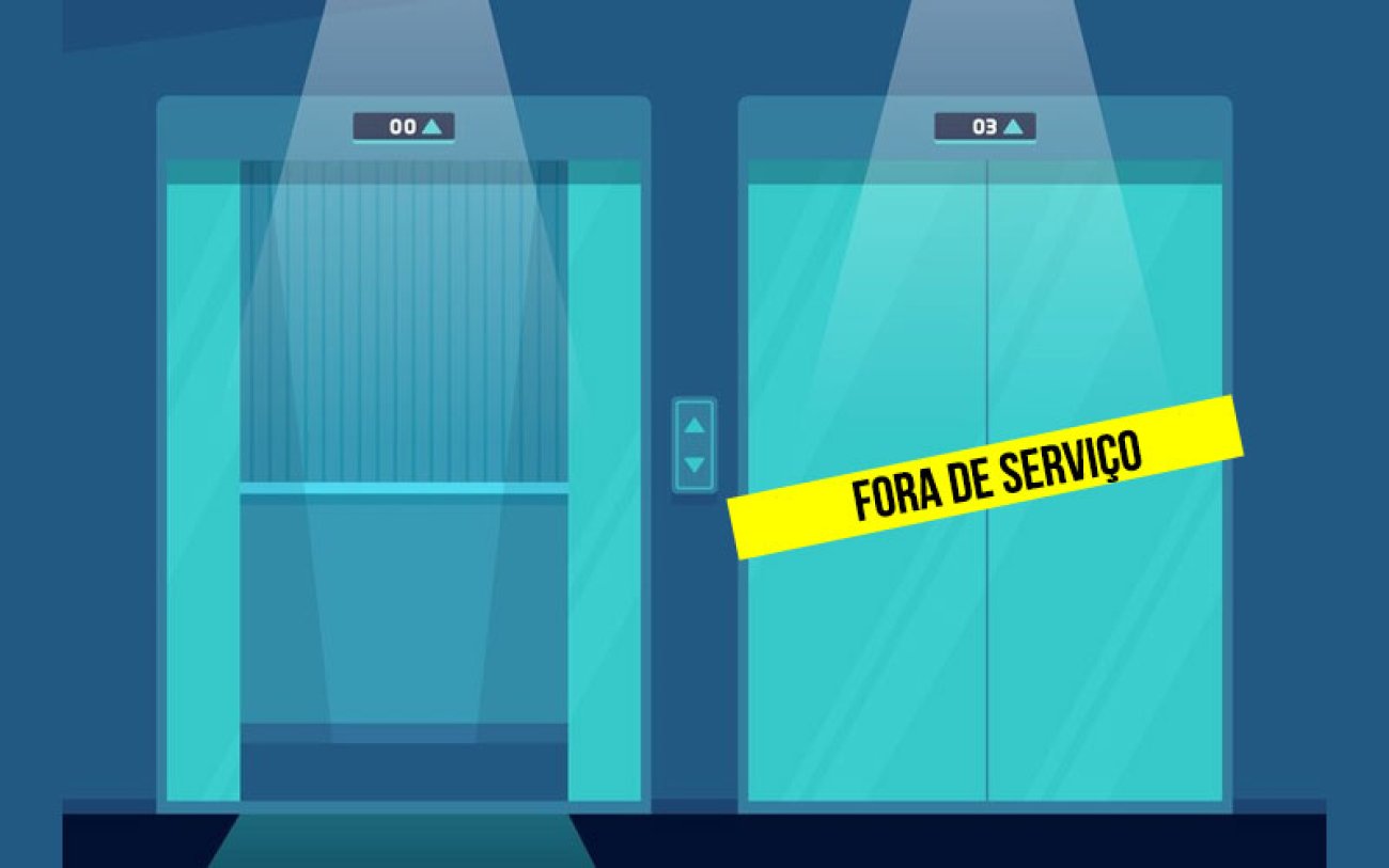 Imagem: Freepik Ilustração de dois elevadores, com um deles com uma faixa escrito "fora de serviço"