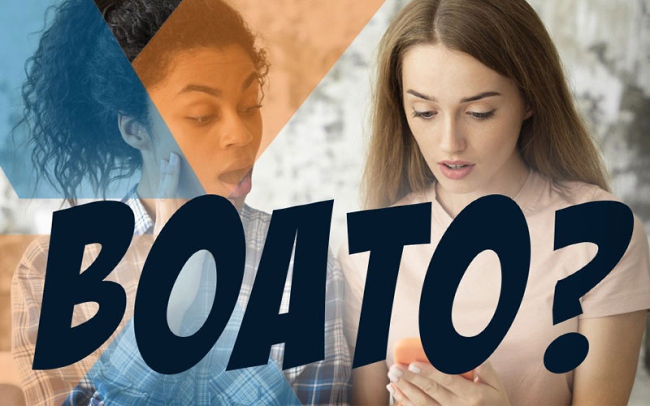 Arte: Contraf-CUT Arte com duas mulheres olhando ao celular com cara de assustadas, com a pergunta "boato" abaixo e parte da logo da Caixa como marca d´água por cima da imagem
