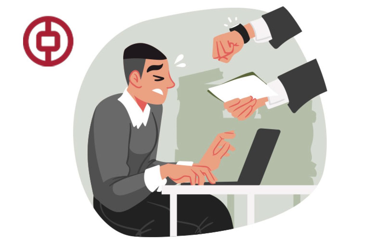 Arte em desenho composta de uma cena de assédio moral em um loca de trabalho (um homem em pé grita com outro sentado em uma mesa). O logo do bank of china aparece no canto superior direito