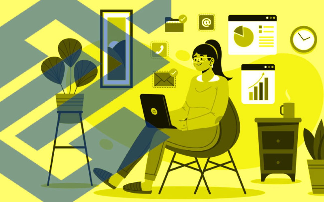 Imagem em desenho composta de uma mulher trabalhando em home-office ao lado de um logo do banco do brasil em tamanho grande