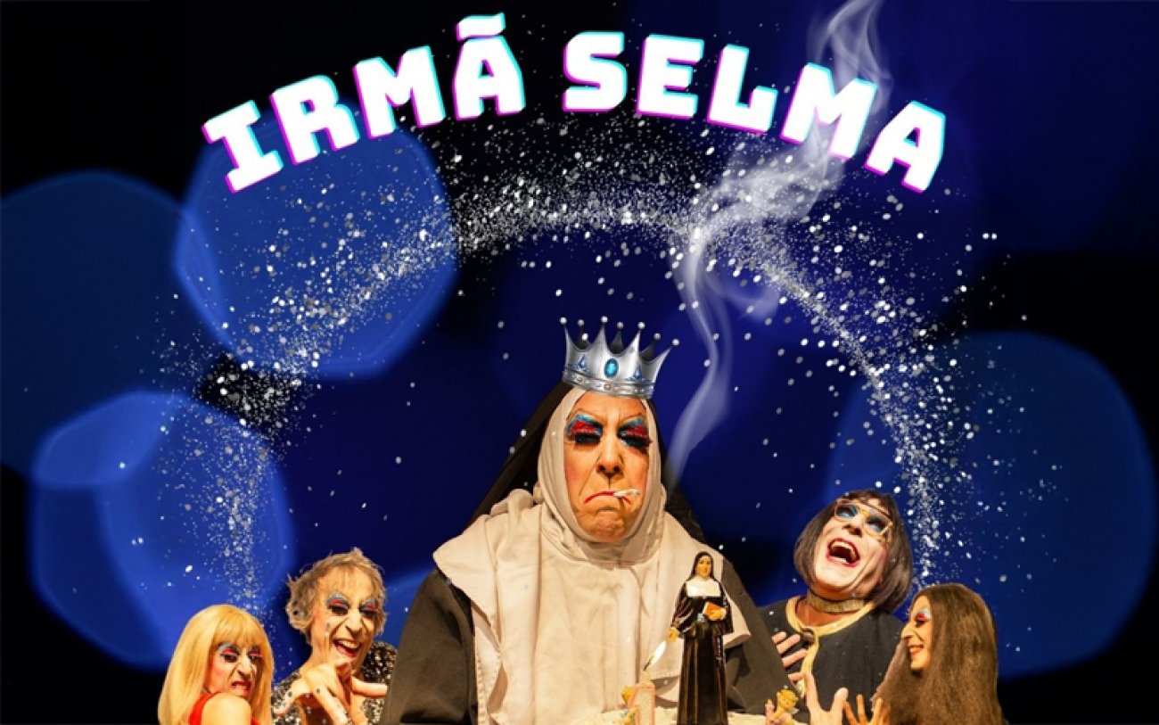 Sindicato levará 30 vips para assistir Irmã Selma Arte com fundo azul mostra as cinco personagens que compõem a comédia