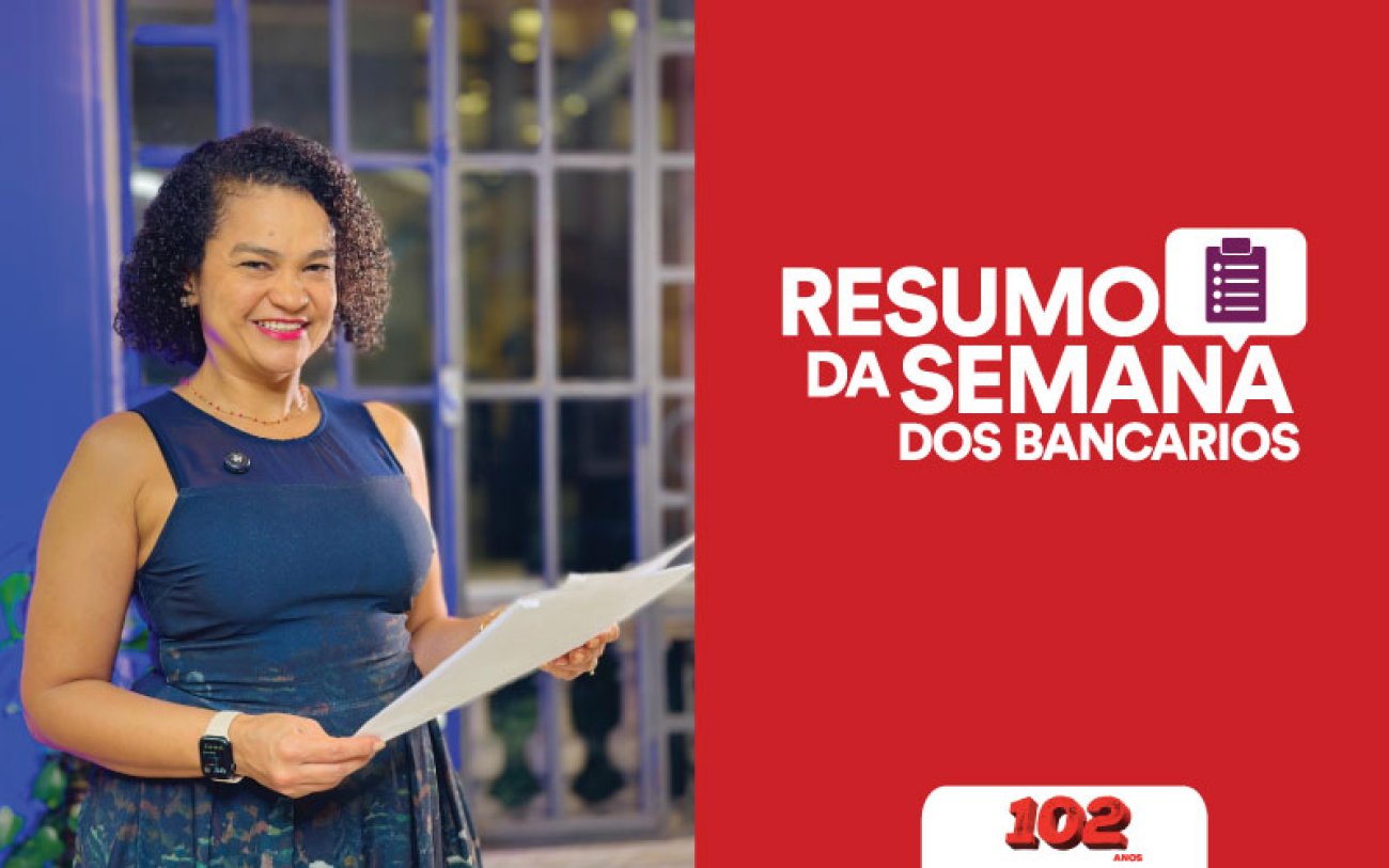 Foto: Seeb-SP Fotografia de Erica de Oliveira, secretária de Imprensa do Sindicato e apresentadora do Resumo da Semana, acompanhada da frase Resumo da Semana