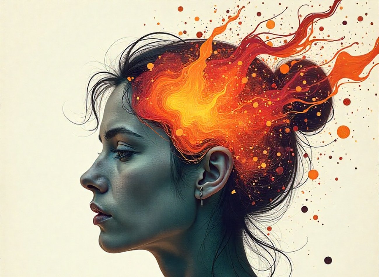 imagem em desenho mostra o cérebro de uma mulher pegando fogo
