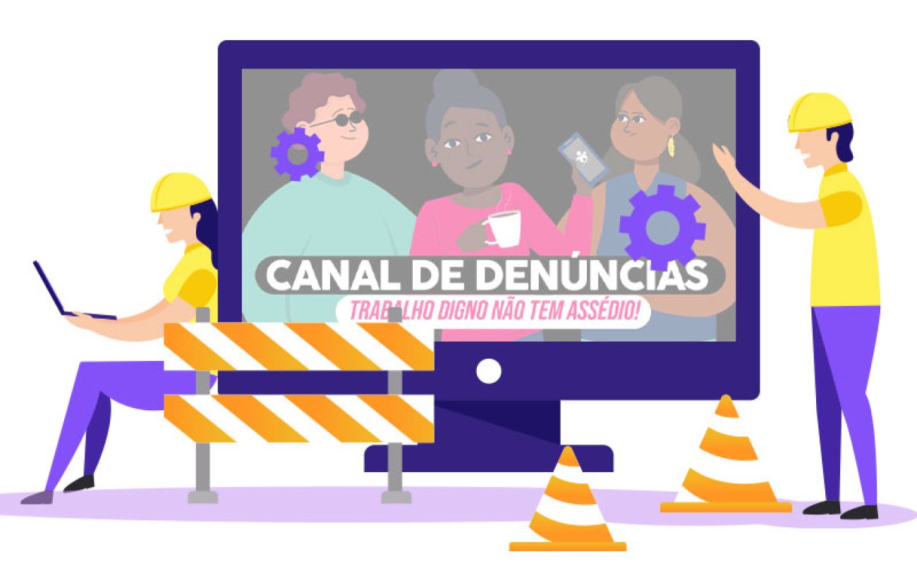 Imagem: Freepik Ilustração de um computador, com a identidade visual do Canal de Denúncias na tela, e uma equipe de manutenção em ação