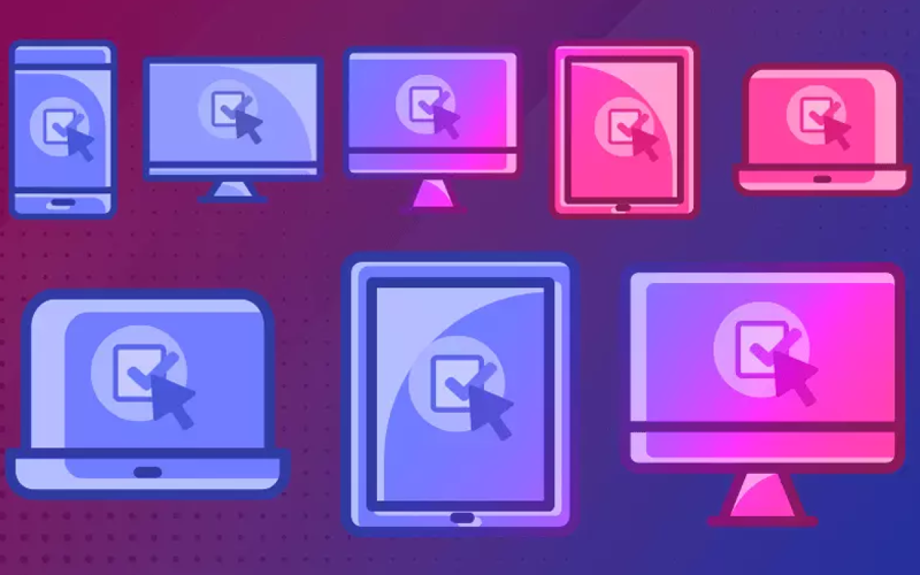 Imagem em desenho composta de várias telas de computador de dispositivos eletrônicos dispostos lado a lado
