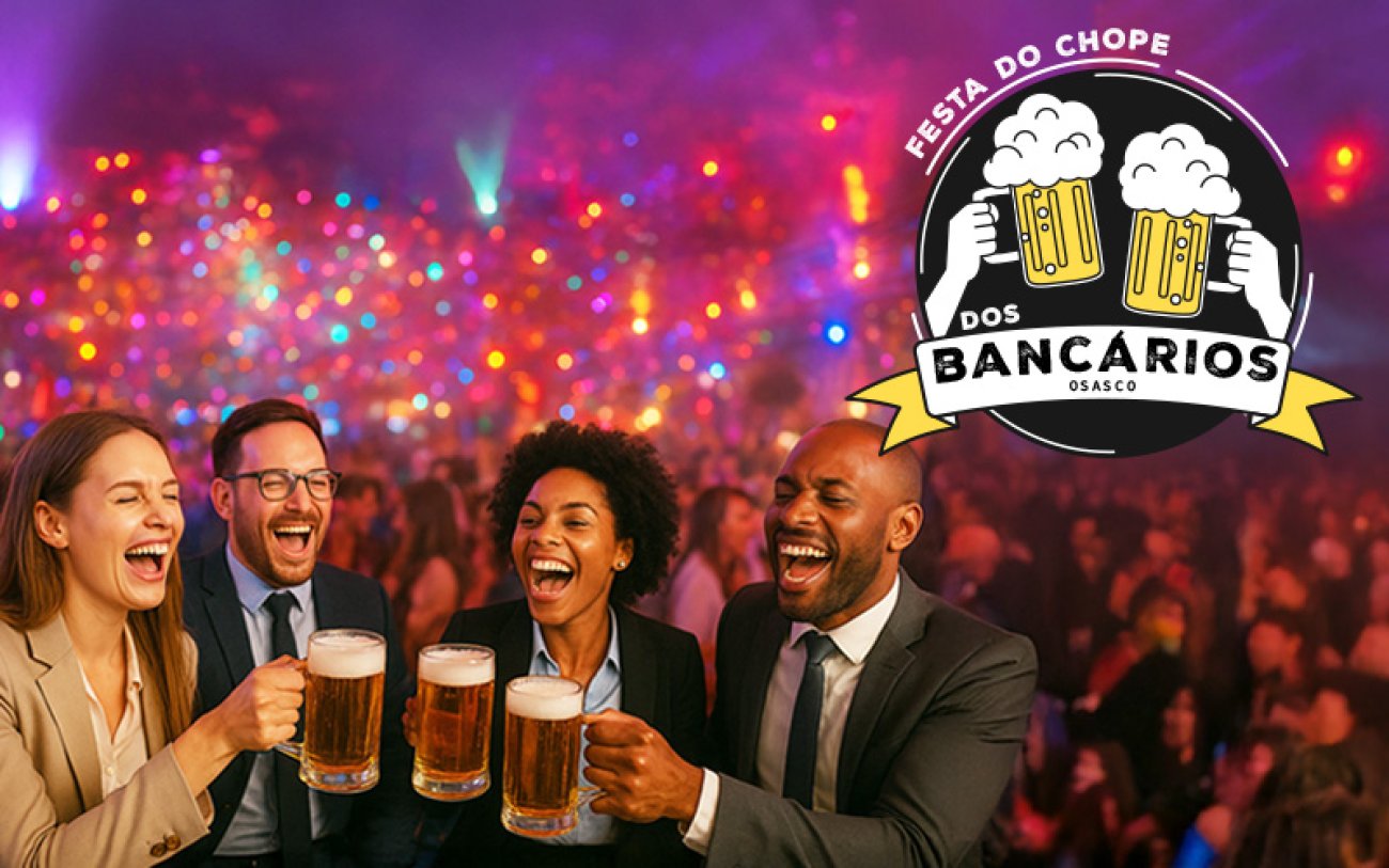 Arte de divulgação da festa do chope dos bancários de Osasco Arte mostra quatro pessoas sendo uma casal formado por homem branco e mulher branca, e outro, homem negro e uma mulher negra brindando com tulipa de chope na mão, em ambiente festivo
