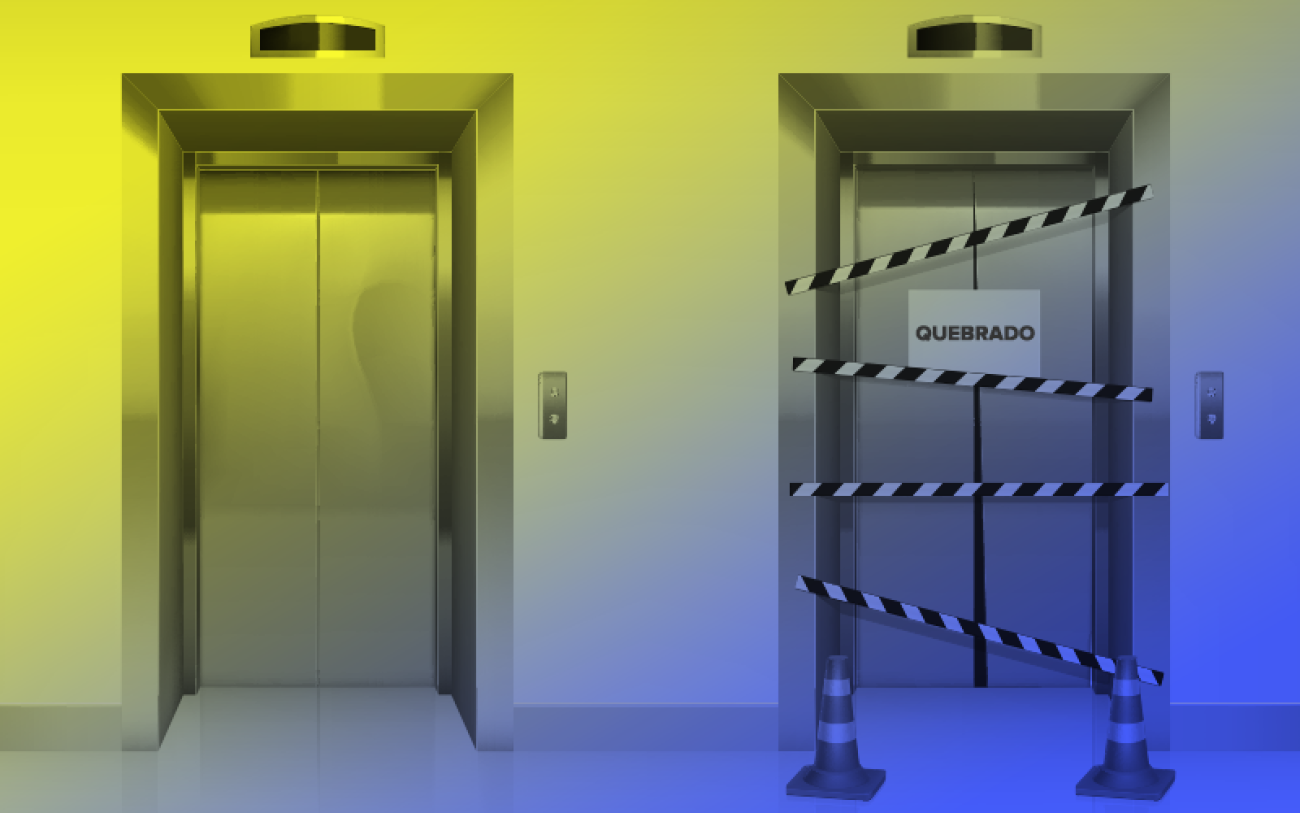Imagem: Freepik Imagem de elevadores, com um deles em manutenção, em tons de azul e amarelo