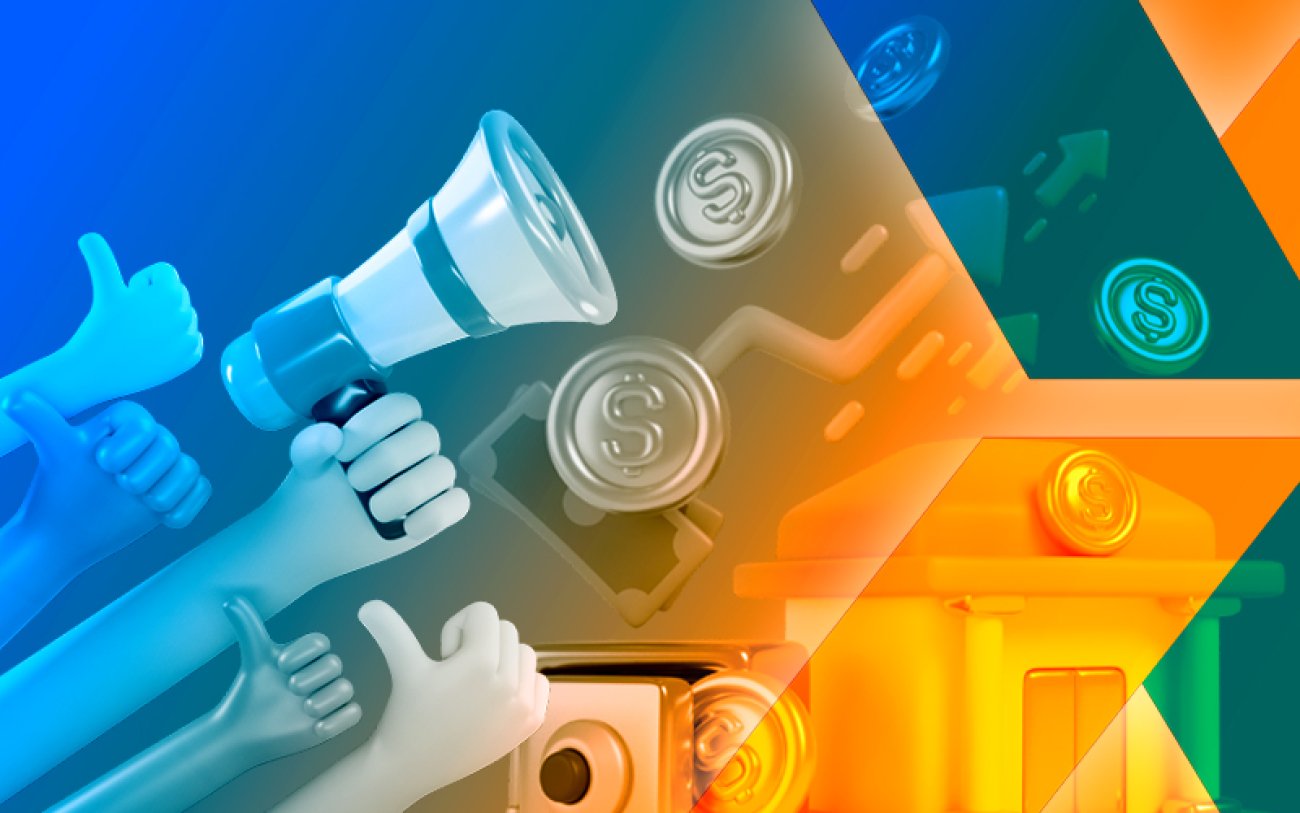 Imagem composta do logo da Caixa e braços erguidos, um deles empunhando um megafone