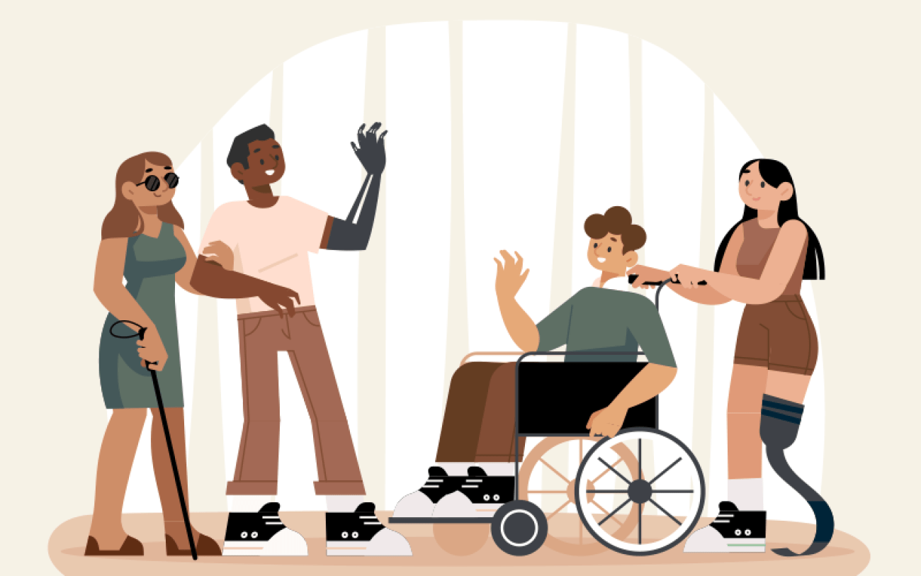 Imagem: Freepik Ilustração de quatro pessoas PCDs