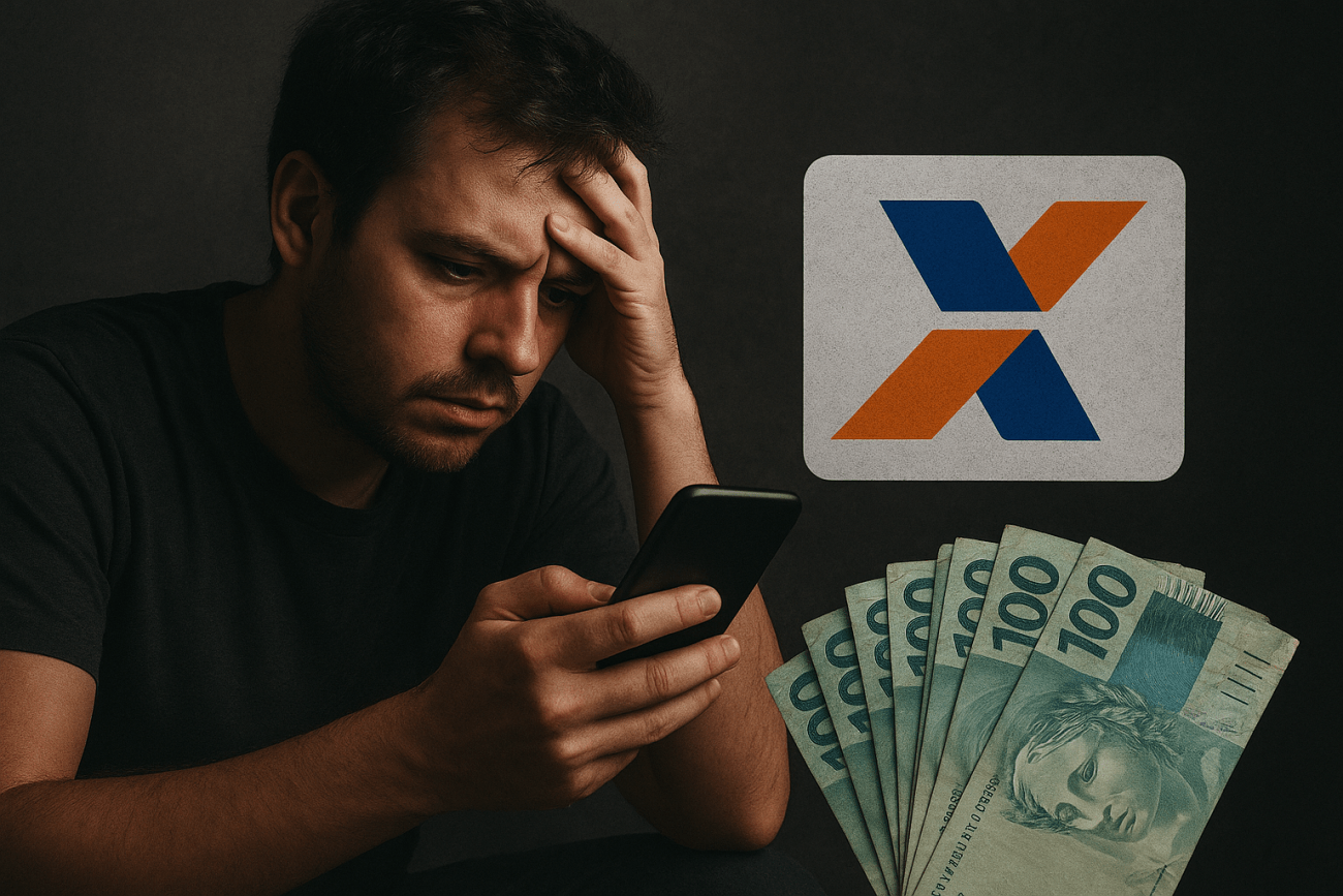 Imagem composta de um homem preocupado olhando a tela de um telefone celular. No lado direito superior há o logo da Caixa Econômica Federal e, no lado inferior direito, um "leque" de notas de R$ 100.