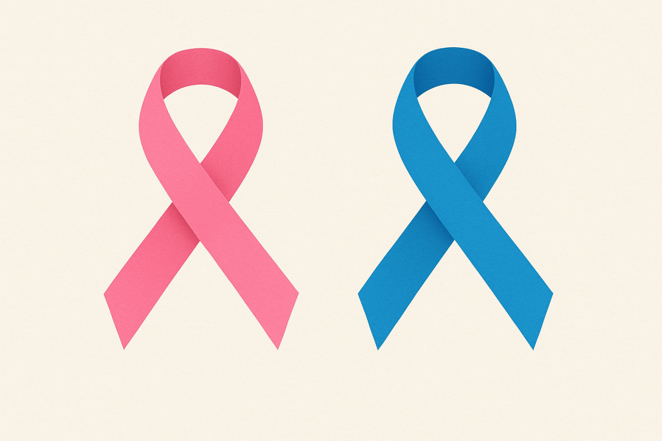 Imagem com fundo branco e dois laços lado a lado, um rosa e outro azul
