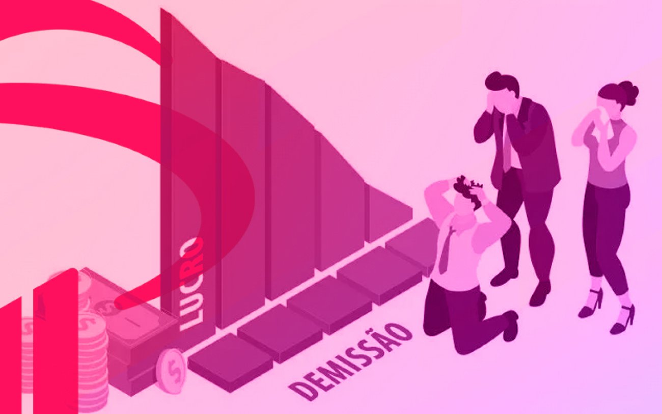 imagem em desenho de três pessoas em posição de tristeza e desespero, em frente a um gráfico de barras indicando alta e, no canto direito, o logo do Bradesco