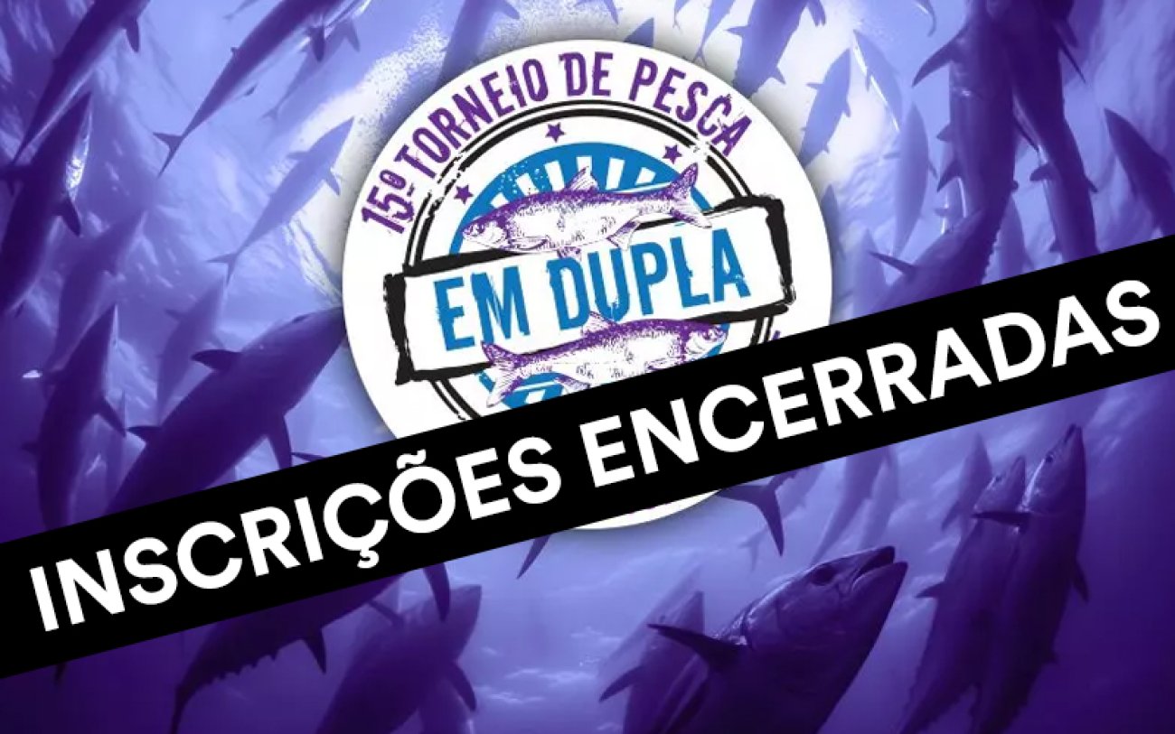 Divulgação Logotipo do 15º Torneio de Pesca em Dupla do Sindicato dos Bancários, com um tarja preta escrita "inscrições encerradas"