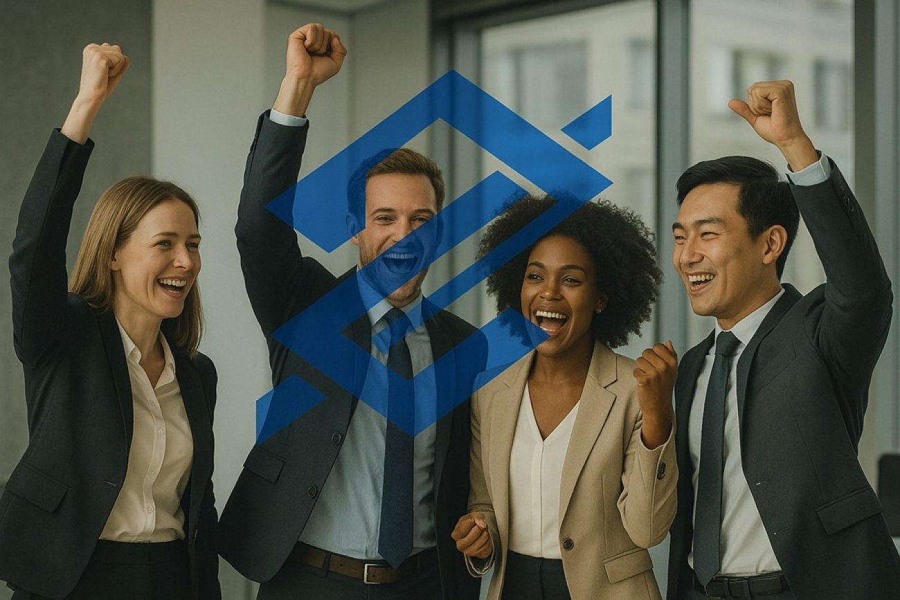 Imagem mostra bancários comemorando em frente a um amarca gráfica do logo do banco do brasil