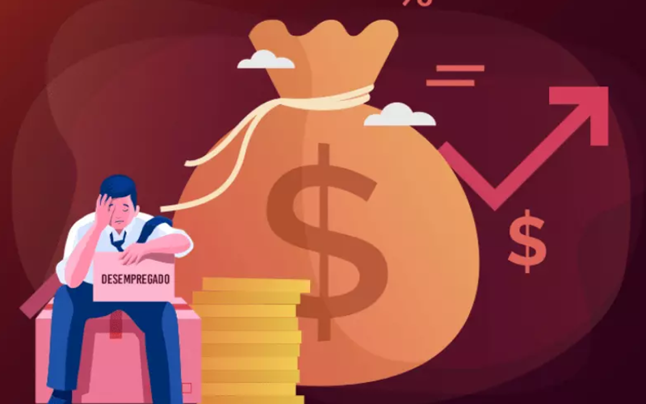 Imagem em desenho composta de um homem sentado com a cabeça baixa ao lado de uma pilha de moedas e um saco de dinheiro, ambos em tamanho proporcionalmente grandes. Ao fundo, no lado direito, uma flecha apontando para o alto e, abaixo dela, um cifrão