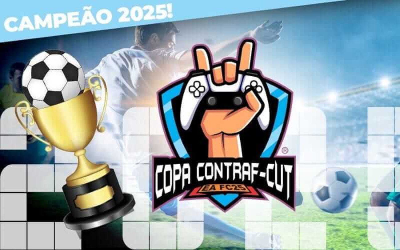 Arte em desenho mostra em fundo azul claro uma mão com controle de video game e uma troféu