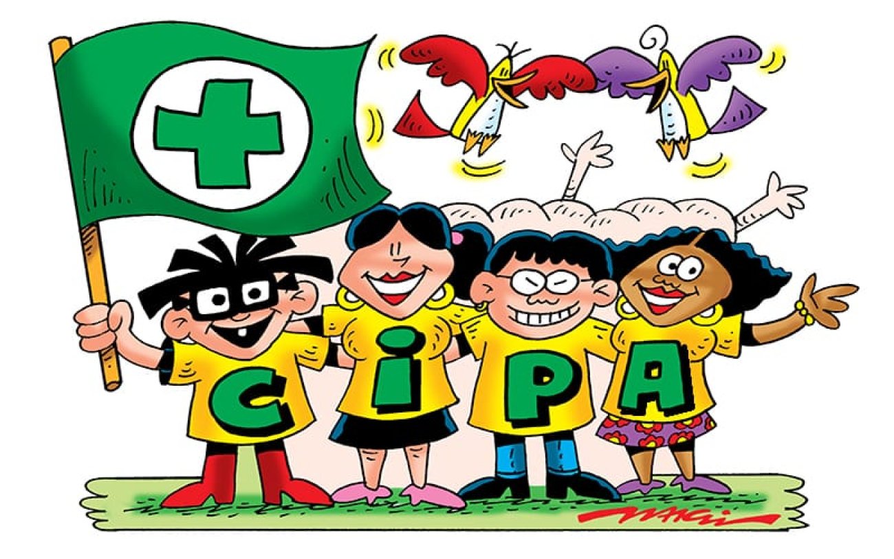 Chearge de quatro bancários formando a sigla CIPA nas suas camisetas e segurando uma bandeira (Charge: Márcio Baraldi)